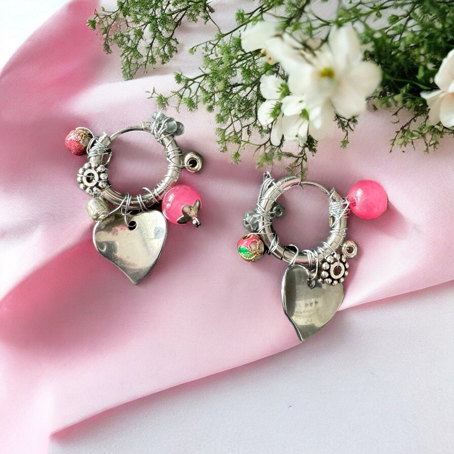 BOUCLES D'OREILLES CREOLES PINK HEART